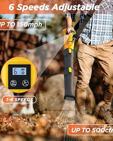 Cordless Leaf Blower, 6 Speed Modes, 150 mph Max Wind Speed, 500 cfm, Digital Display Leaf Blower Cordless with 21V 5.2Ah Battery and Charger for Lawn Care & Garden Maintenance - LeafyLoom