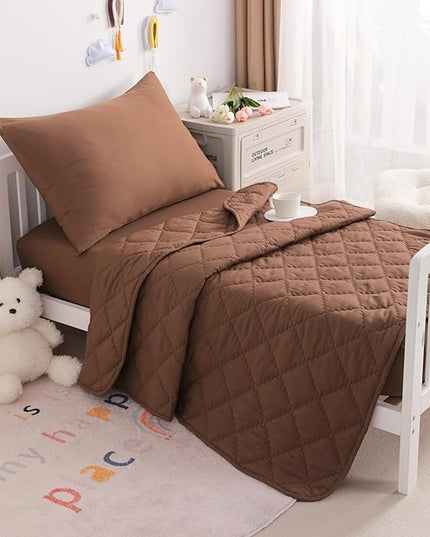 NTBAY Toddler Bedding Set - 4 Piece Soft and Breathable Crib Bedding Set for Boys and Girls, Includes Quilted Comforter, Fitted Sheet, Flat Top Sheet and Envelope Pillowcase, Brown - LeafyLoom