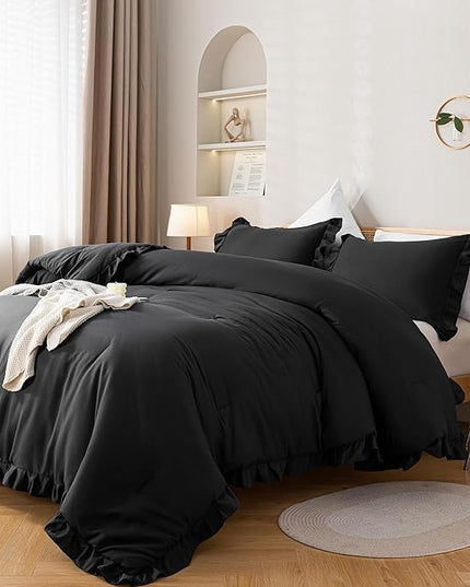 JANZAA Black Comforter Set Twin Comforter Set Ruffled Comforter Set Soft Twin Size Bed Set Vintage Farmhouse Bed Comforter Set Shabby Fluffy Bedding (1 Solid Color Comforter and 1 Pillowcase) - LeafyLoom