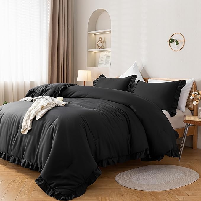 JANZAA Black Comforter Set Twin Comforter Set Ruffled Comforter Set Soft Twin Size Bed Set Vintage Farmhouse Bed Comforter Set Shabby Fluffy Bedding (1 Solid Color Comforter and 1 Pillowcase) - LeafyLoom