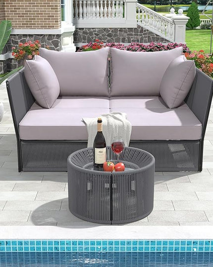 2-Piece Sunbed and Coffee Table, Patio Double Chaise Lounger Loveseat Daybed Outdoor Furniture Set for Backyard Poolside Lawn Balcony, Full, Ac-Grey - LeafyLoom