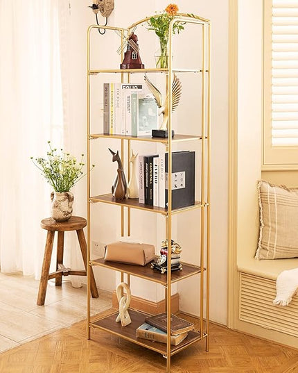 No Assembly Folding Bookshelf, 5 Tier Gold Bookshelf, Metal Book Shelf for Storage, Folding Bookcase for Office Organization and Storage, 12.87" D x 22.91" W x 68.1" H - LeafyLoom