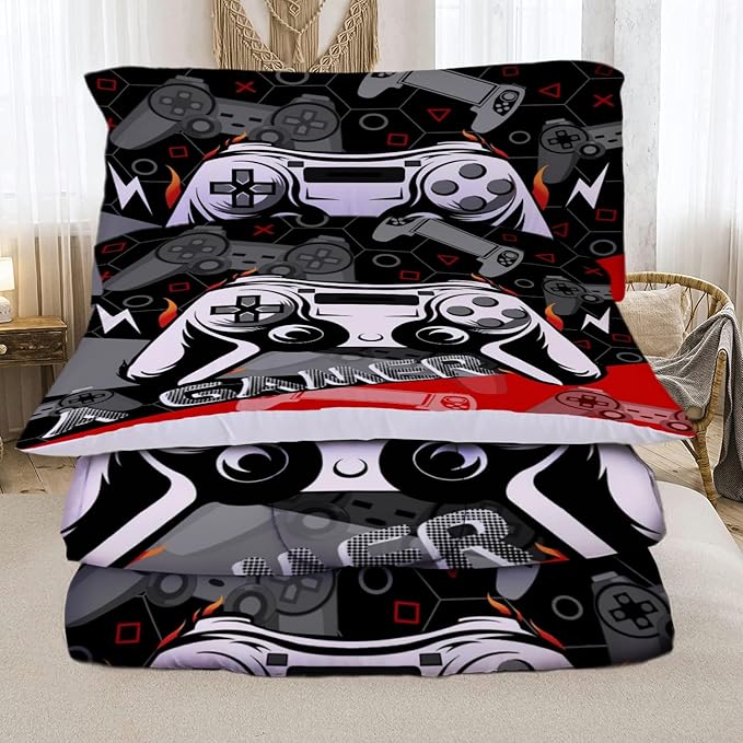 Sunnycitron Red Gamer Comforter Set for Boys Gaming Bedding Set Teens Game Room Decor Twin (1 Comforter + 2 Pillowcase) - LeafyLoom
