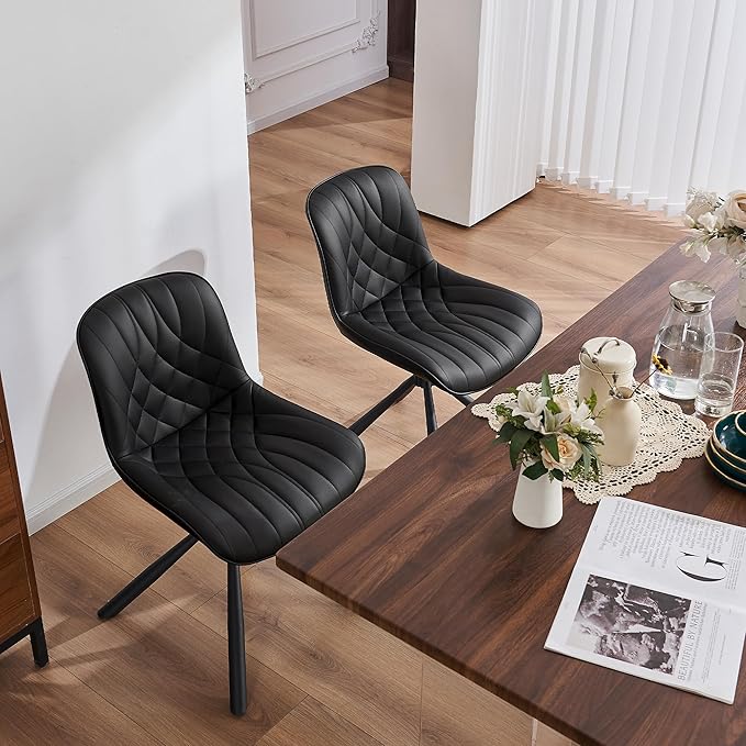 YOUNUOKE Upholstered Dining Chairs Set of 2 Comfortable Mid Century Modern Kitchen Chair with Sturdy Metal Legs Faux Leather Dinner Chairs for Kitchen Dining Room, Black - LeafyLoom