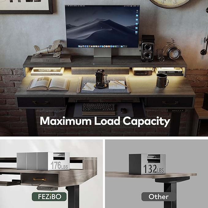 FEZIBO 55 x 25 Inch Height Adjustable Electric Standing Desk with Double Drawers&Keyboard Tray, Stand Up Desk with LED Strips, Sit Stand Desk with Monitor Stand, Rustic Grey - LeafyLoom