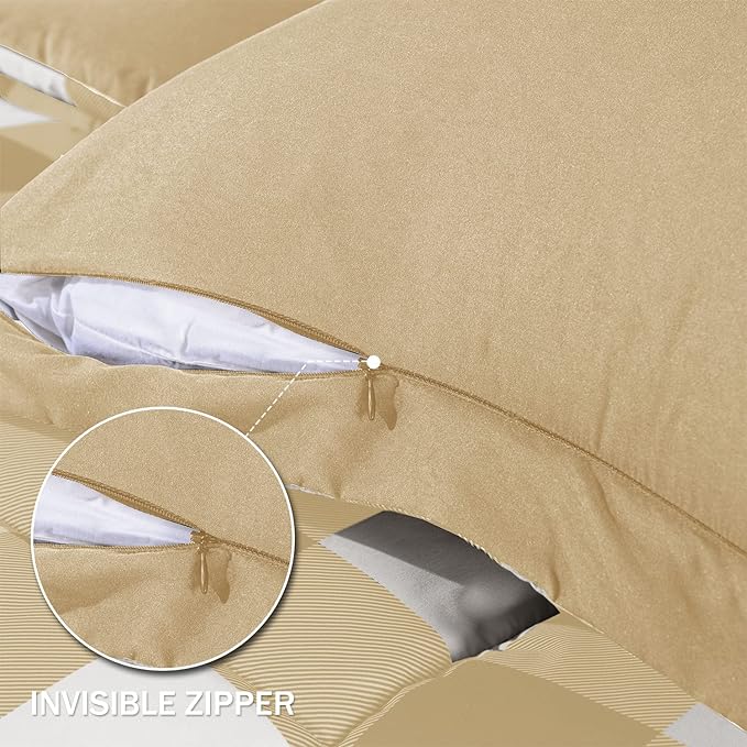 downluxe Lightweight Plaid Comforter Set (King) with 2 Pillow Sham - 3-Piece Set - Khaki/White Plaid - Down Alternative Reversible Comforter - LeafyLoom
