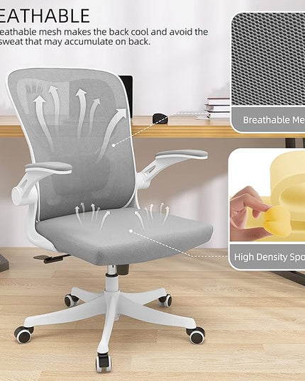 Office Chair - Ergonomic Office Chair with Lumbar Support & Flip Up Arms Home Office Desk Chairs Rockable Swivel High Back Computer Chair White Frame Grey Mesh Study Chair - LeafyLoom