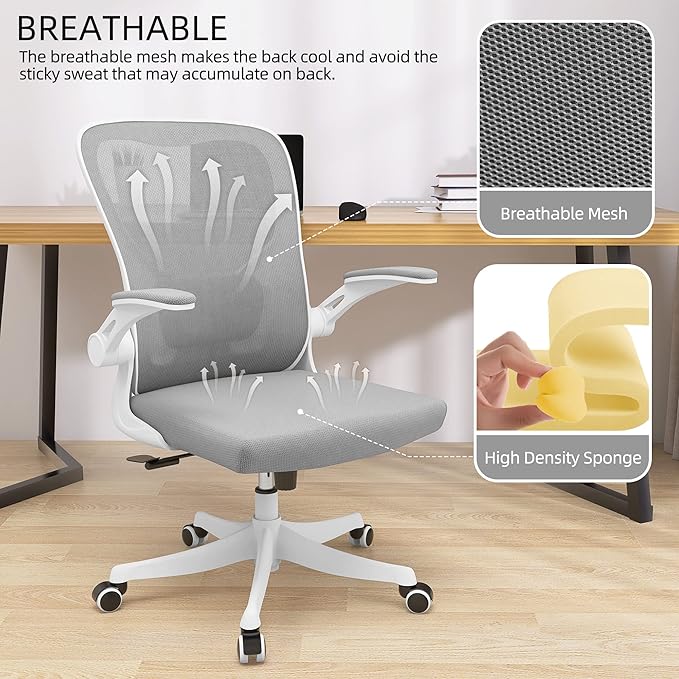 Office Chair - Ergonomic Office Chair with Lumbar Support & Flip Up Arms Home Office Desk Chairs Rockable Swivel High Back Computer Chair White Frame Grey Mesh Study Chair - LeafyLoom