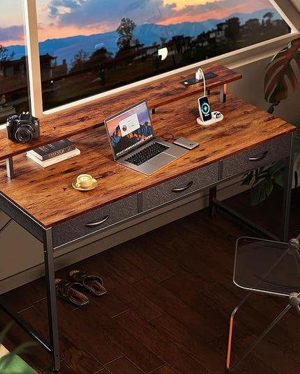 55 inch Computer Desk with 3 Drawers, Office Desk Gaming Desk with LED Lights & Power Outlets, Home Office Desks with Storage Space for Bedroom, Work from Home, Rustic Brown - LeafyLoom