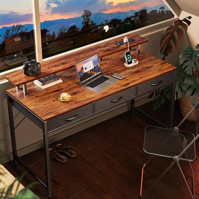 55 inch Computer Desk with 3 Drawers, Office Desk Gaming Desk with LED Lights & Power Outlets, Home Office Desks with Storage Space for Bedroom, Work from Home, Rustic Brown - LeafyLoom
