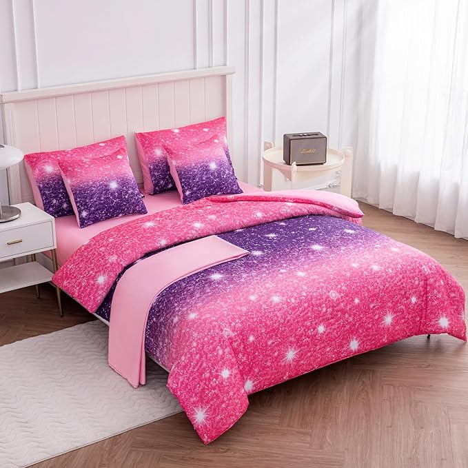 Full Size Bedding Sets Kids Bedding Sets for Girls,Galaxy Bedding 7pieces Glitter Pink Comforter Colorful Comforter Full Size Comforter Sets for Teen Girls(Purple) - LeafyLoom