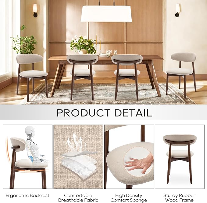 COLAMY Wooden Dining Chairs Set of 6, Modern Fabric Upholstered Kitchen Side Chairs, Farmhouse Dining Room Chair with Foot Pegs, Beige - LeafyLoom
