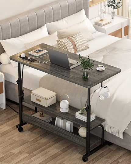 Height Adjustable Standing Desk with Power Outlets, 32" Manual Stand Up Desk with Storage Shelves Small Mobile Rolling Computer Desk Portable Laptop Table with Wheels for Home Office, Grey Oak - LeafyLoom