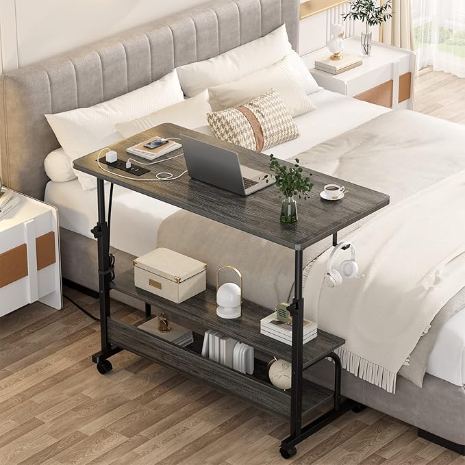 Height Adjustable Standing Desk with Power Outlets, 32" Manual Stand Up Desk with Storage Shelves Small Mobile Rolling Computer Desk Portable Laptop Table with Wheels for Home Office, Grey Oak - LeafyLoom