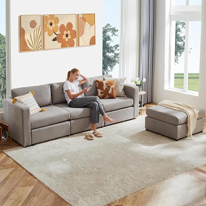 Sweetcrispy Convertible Modular Sectional Sofa, 4 Seat Sectional Couches for Living Room, L-Shaped Modern Fabric Modular Sofa Sleeper with Double Chaise for Home, Apartment, Dorm, Grey - LeafyLoom