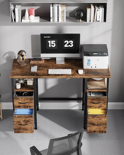 47'' Office Desk with 4 Fabric File Drawers - File Drawer Organization, Computer Work Desk, Study Writing Table, Home Office Workstation, Rustic Brown - LeafyLoom