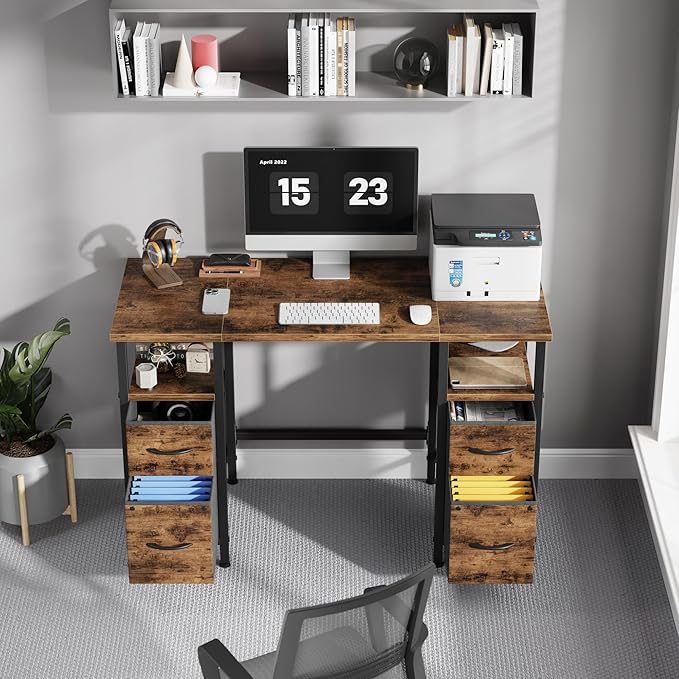 47'' Office Desk with 4 Fabric File Drawers - File Drawer Organization, Computer Work Desk, Study Writing Table, Home Office Workstation, Rustic Brown - LeafyLoom