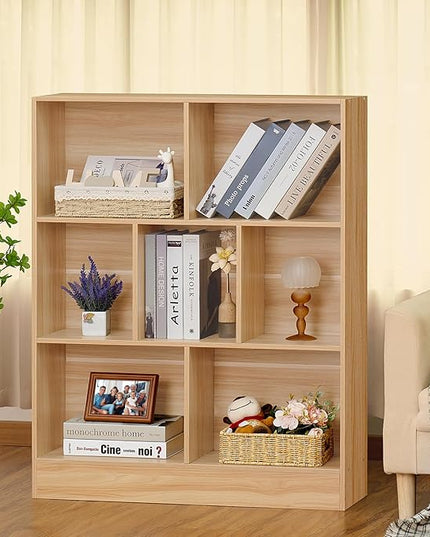 LEYAOYAO 7 Cube Bookshelf with Base,3 Tier Mid-Century Modern Natural Bookcase,Standing Wide Bookshelves Storage Organizer Shelf,Rustic Wood Display Cabinet Book Shelves for Bedroom,Living Room,Office - LeafyLoom