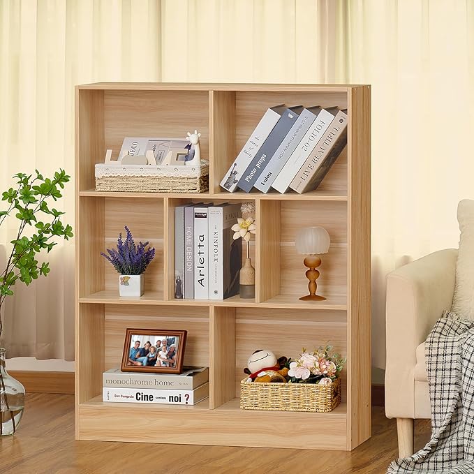 LEYAOYAO 7 Cube Bookshelf with Base,3 Tier Mid-Century Modern Natural Bookcase,Standing Wide Bookshelves Storage Organizer Shelf,Rustic Wood Display Cabinet Book Shelves for Bedroom,Living Room,Office - LeafyLoom