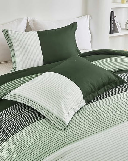 WONGS BEDDING Comforter Set Queen, Reversible Olive Green Striped Patchwork Down Alternative Comforter for Queen Bed,3 Pieces (1 Comforter+2 Pillowcases),Soft Microfiber Bedding Set 90"×90" - LeafyLoom