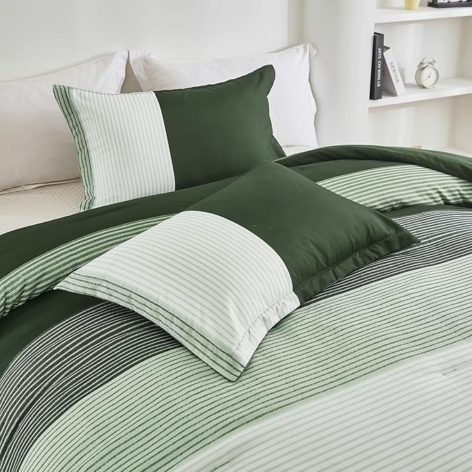 WONGS BEDDING Comforter Set Queen, Reversible Olive Green Striped Patchwork Down Alternative Comforter for Queen Bed,3 Pieces (1 Comforter+2 Pillowcases),Soft Microfiber Bedding Set 90"×90" - LeafyLoom