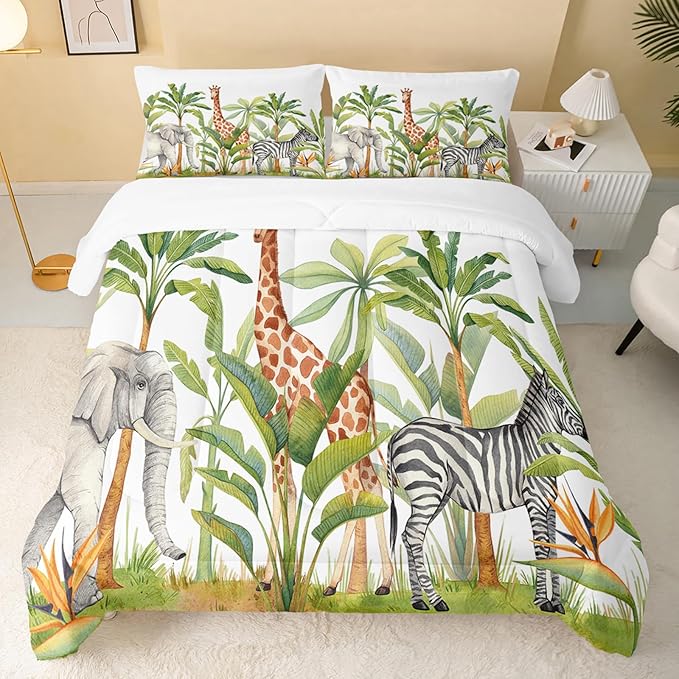 Wild Animal Comforter Full Size,Elephant Giraffe Zebra Kids Comforter Set,Jungle Comforter,3Pcs Bedding Set Printed Comforter with 2 Pillowcases,Down Alternative,Soft and Lightweight - LeafyLoom