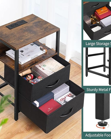 Yoobure Nightstand with Charging Station, Small Night Stand with Fabric Drawers and Storage Shelf for Bedrooms, Nightstands for Small Spaces, Bedside Table with USB Ports & Outlets, Bed Side Table - LeafyLoom