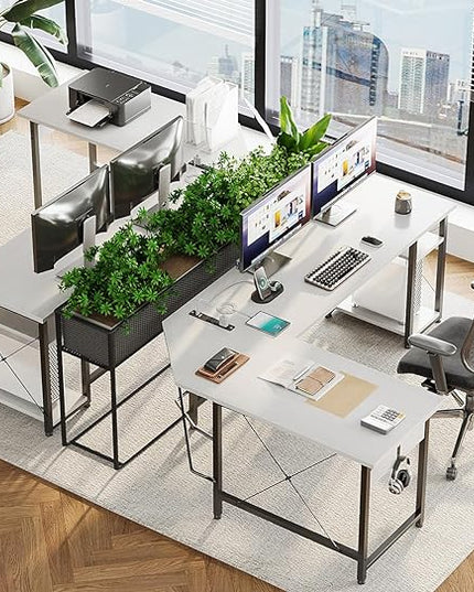 Coleshome L Shaped Computer Desk 66" with Power Outlet & Storage Shelves, Corner Sturdy Writing Desk Workstation, Modern Wooden Office Gaming Desk, Wood & Metal, White - LeafyLoom