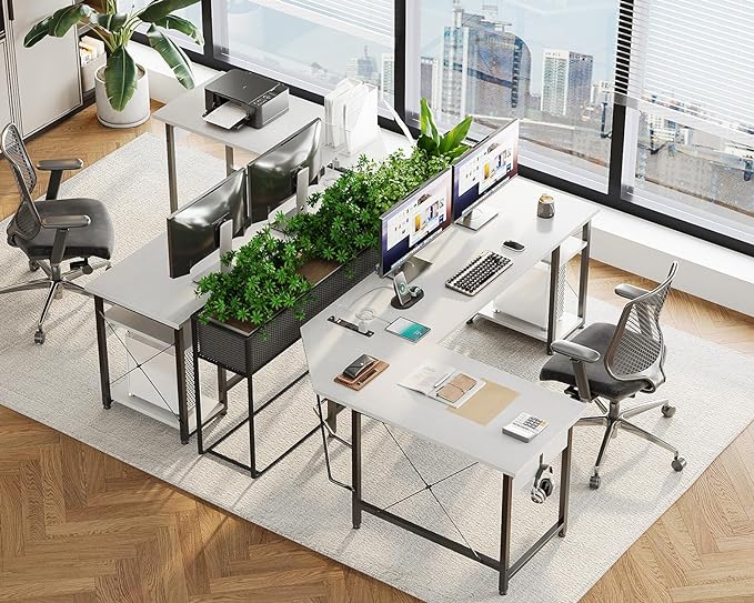 Coleshome L Shaped Computer Desk 66" with Power Outlet & Storage Shelves, Corner Sturdy Writing Desk Workstation, Modern Wooden Office Gaming Desk, Wood & Metal, White - LeafyLoom