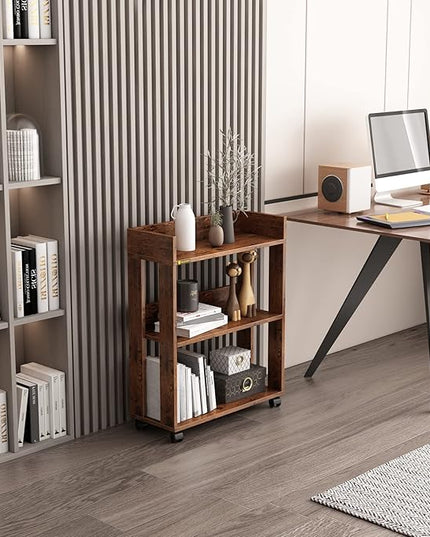 3 Tier Nightstand with Wheels, Wood Small Bookshelf and Bookcase, Farmhouse Bedside End Table with Storage Rack for Bedroom, Library, Living Room, Home, Office Cart, Rustic - LeafyLoom