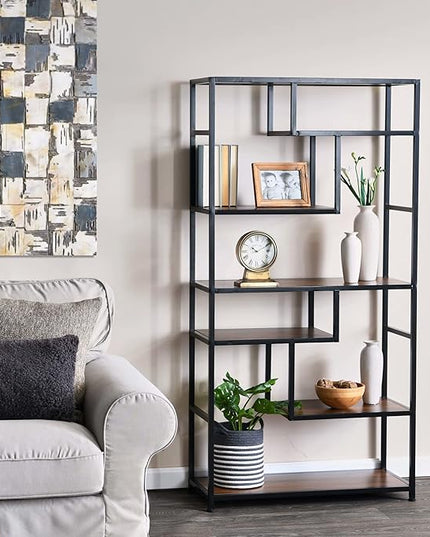Household Essentials Jamestown Tall 6 Shelf Open Storage Bookshelf Mid Century Walnut Wood Grain and Black Metal - LeafyLoom