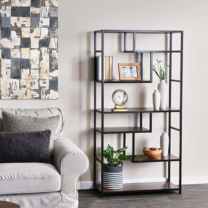 Household Essentials Jamestown Tall 6 Shelf Open Storage Bookshelf Mid Century Walnut Wood Grain and Black Metal - LeafyLoom