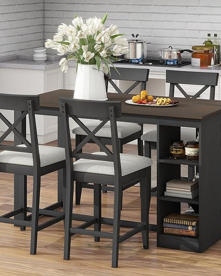 NicBex Dining Table for 4 Small Kitchen Table Set for 4 Solid Wood Farmhouse Counter Height Dining Table Set with 3-Tier Storage Shelves, Upholstered Dining Chairs for 4, Gray - LeafyLoom