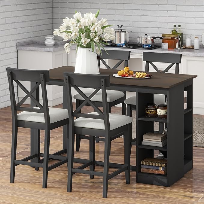 NicBex Dining Table for 4 Small Kitchen Table Set for 4 Solid Wood Farmhouse Counter Height Dining Table Set with 3-Tier Storage Shelves, Upholstered Dining Chairs for 4, Gray - LeafyLoom