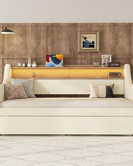 Twin Size Daybed with Trundle, Upholstered Daybed with Charging Station and LED Lights, PU Leather Fabric Bedframe w/Headboard & Wood Slat Support, White - LeafyLoom
