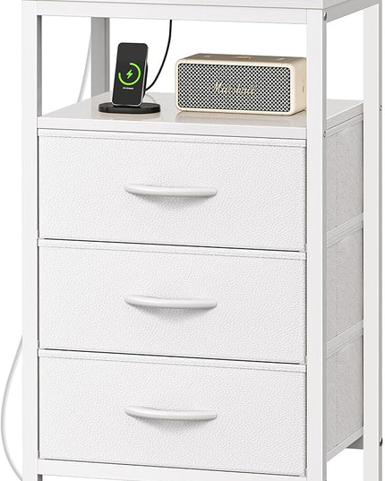 Nightstand with Charging Station, 27.6 Inch Side Table with Drawers, PU Leather Finish, End Table Bedside Table with USB Ports and Outlets, Night Stand for Bedroom, White - LeafyLoom