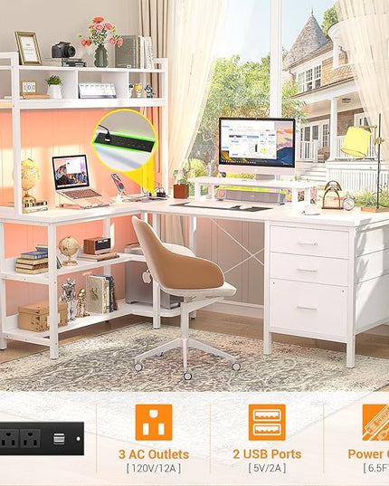 Aheaplus L Shaped Gaming Desk with Hutch, Gaming Desk with Led Lights, Reversible Computer Desk with Power Outlet, Corner Desk with File Drawer & Monitor Stand, Storage Shelves for Home Office, White - LeafyLoom