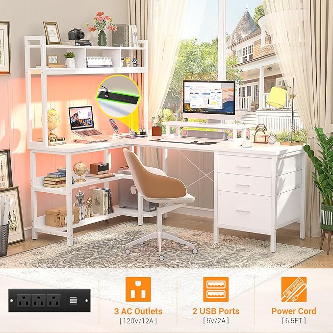 Aheaplus L Shaped Gaming Desk with Hutch, Gaming Desk with Led Lights, Reversible Computer Desk with Power Outlet, Corner Desk with File Drawer & Monitor Stand, Storage Shelves for Home Office, White - LeafyLoom