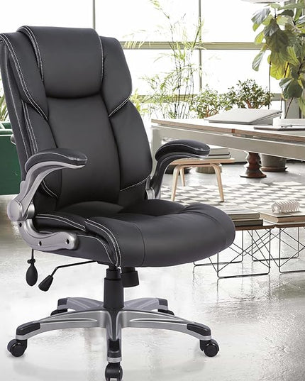 COLAMY High Back Executive Office Chair- Ergonomic Home Computer Desk Leather Chair with Padded Flip-up Arms, Adjustable Tilt Lock, Swivel Rolling Chair for Adult Working Study-Black - LeafyLoom