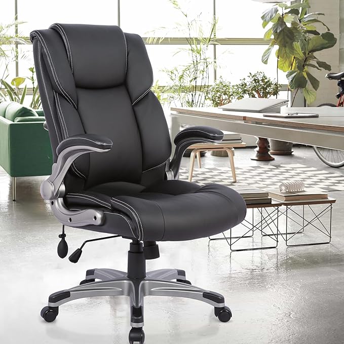 COLAMY High Back Executive Office Chair- Ergonomic Home Computer Desk Leather Chair with Padded Flip-up Arms, Adjustable Tilt Lock, Swivel Rolling Chair for Adult Working Study-Black - LeafyLoom