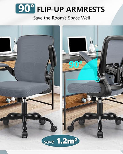 MINLOVE Office Chair Ergonomic Desk Chair with Adjustable Lumbar Support and Height, 90° Flip-up Armrests, Ergo Desk Chairs with Wheels, 360° Swivel Mesh Chair, Home Work Use (Dark Gray) - LeafyLoom
