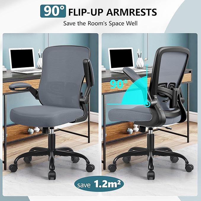 MINLOVE Office Chair Ergonomic Desk Chair with Adjustable Lumbar Support and Height, 90° Flip-up Armrests, Ergo Desk Chairs with Wheels, 360° Swivel Mesh Chair, Home Work Use (Dark Gray) - LeafyLoom