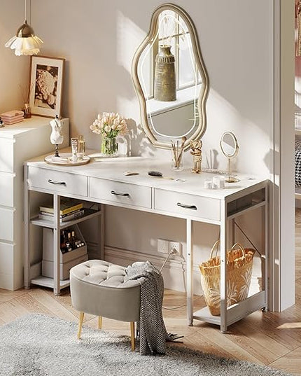 AODK 55 Inch Computer Desk with Fabric Drawers & Power Outlets, Office Desk with Storage Shelves & CPU Stand, Study Table, Writing Desk for Bedroom, White - LeafyLoom