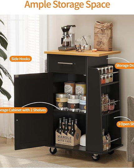 Shintenchi Small Kitchen Island on Wheels with 3-Tier Side Spice Rack and Rubber Wood Top, Trolley Cart with Storage Cabinet & Drawer and Handle/Towel Rack, Black - LeafyLoom