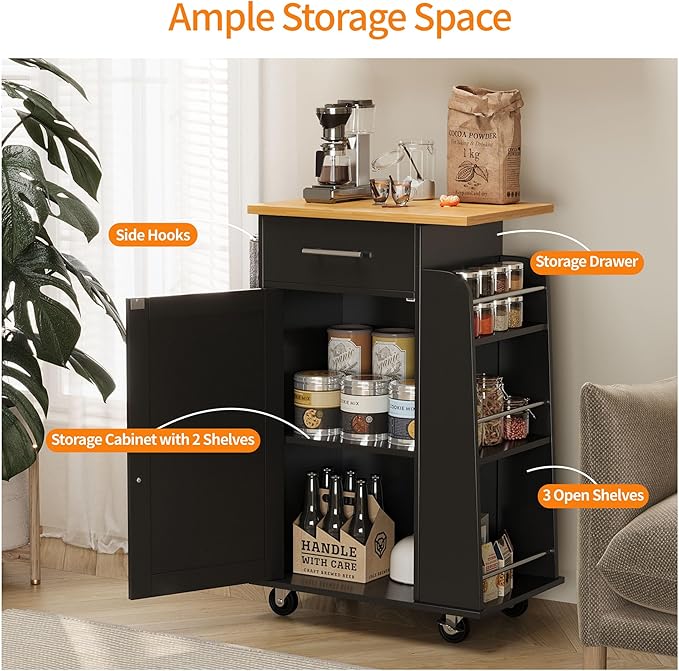 Shintenchi Small Kitchen Island on Wheels with 3-Tier Side Spice Rack and Rubber Wood Top, Trolley Cart with Storage Cabinet & Drawer and Handle/Towel Rack, Black - LeafyLoom