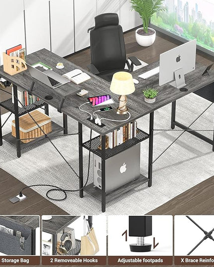 Aheaplus L Shaped Desk with Outlet and USB Charging Ports, L-Shaped Desk with Storage Shelves Reversible Corner Computer Desk 2 Person Long Table with Monitor Stand Gaming Home Office Desk, Oak - LeafyLoom