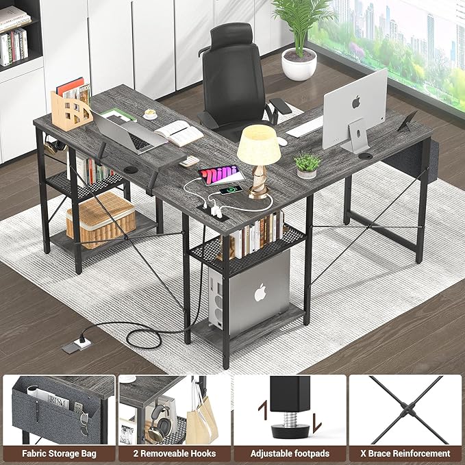 Aheaplus L Shaped Desk with Outlet and USB Charging Ports, L-Shaped Desk with Storage Shelves Reversible Corner Computer Desk 2 Person Long Table with Monitor Stand Gaming Home Office Desk, Oak - LeafyLoom