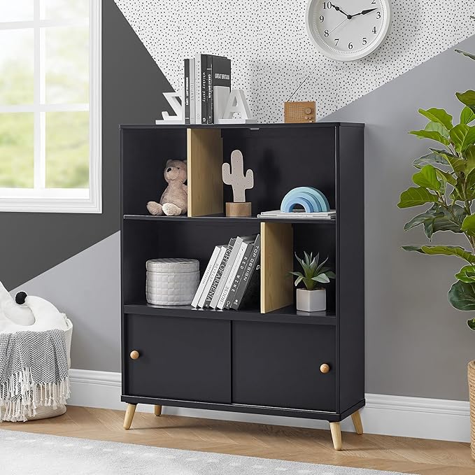 Delta Children Essex Bookcase - Greenguard Gold Certified, Black/Natural - LeafyLoom