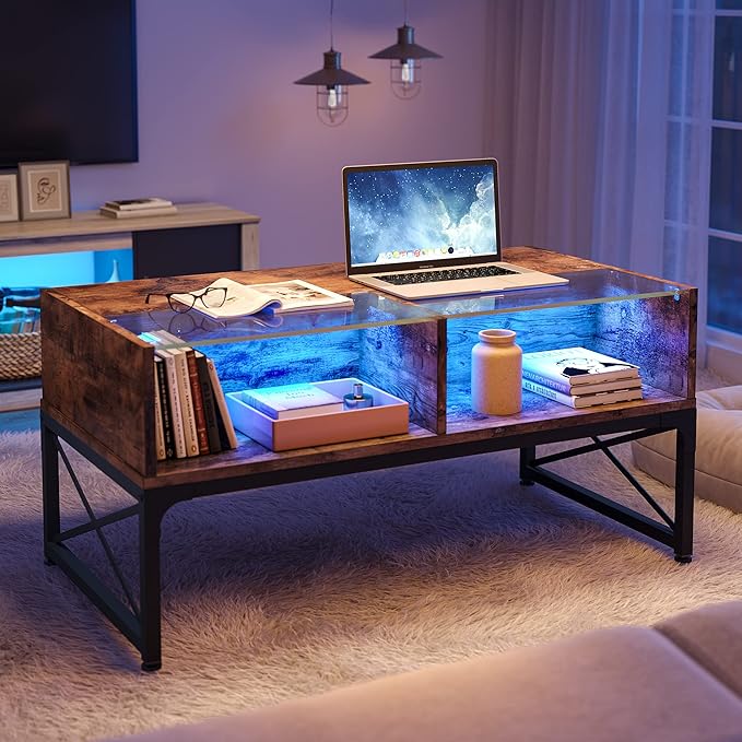 Bestier LED Coffee Tables for Living Room, 42 Inch Wood Center Table with Glass Top for Game Night. Rustic Brown - LeafyLoom
