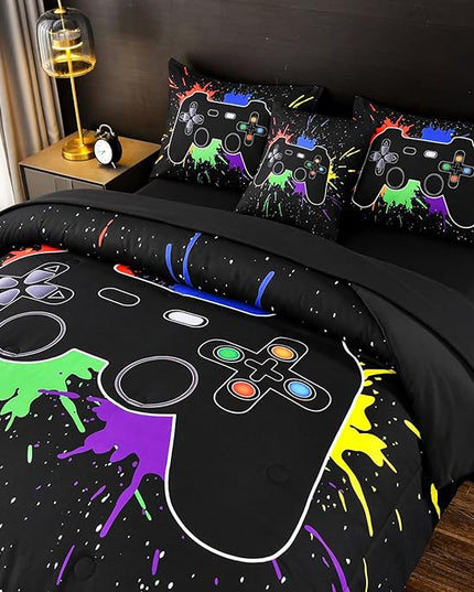 DORCAS Twin Size Gamer Comforter Set with Sheets for Boys,Game Console Black Bedding Set for Kids,6 Pieces Bedding Set Boys Colorful Graffiti Gaming Comforter,Sheets,Pillowcases (Black, Twin) - LeafyLoom
